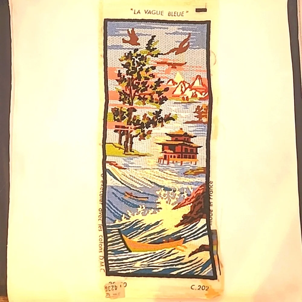 2 French Tapestries Needlepoint Vintage Handmade on Cotton Asian Style Design